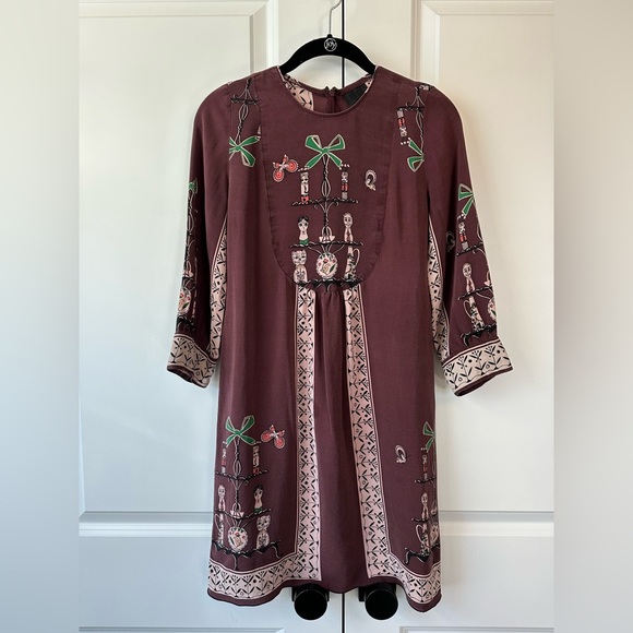 ANNA SUI Women’s Burgundy Cat Doll Bow Long Sleeve Silk Dress (Size 2) - Picture 1 of 11